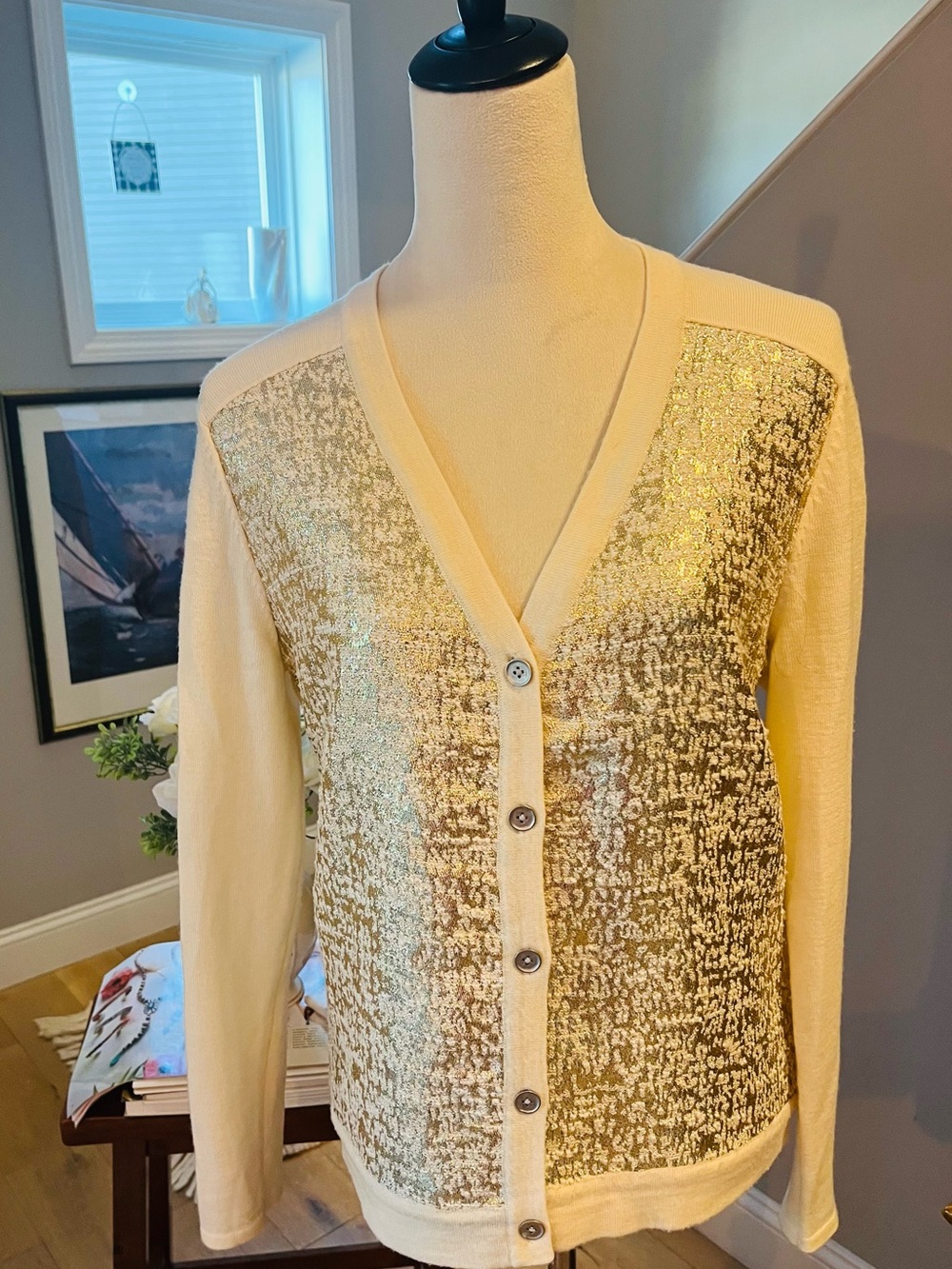 J McLAUGHLIN Cardigan Lame’ Front Panel Open Front 5-Silver Button Ivory MEDIUM